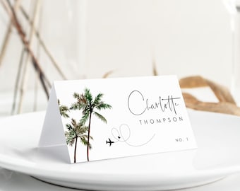 Tropical Place Cards Template Wedding, Beach Wedding Place Cards with Meal Choice, Palm Tree Place Cards Printable, Name Place Card Template