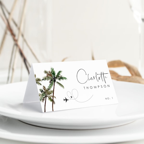 Tropical Place Cards Template Wedding, Beach Wedding Place Cards with Meal Choice, Palm Tree Place Cards Printable, Name Place Card Template