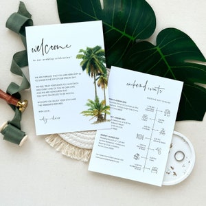 Modello di itinerario del fine settimana di matrimonio tropicale, biglietto di benvenuto per il matrimonio di destinazione, download del modello di sequenza temporale del matrimonio, modello di lettera di benvenuto