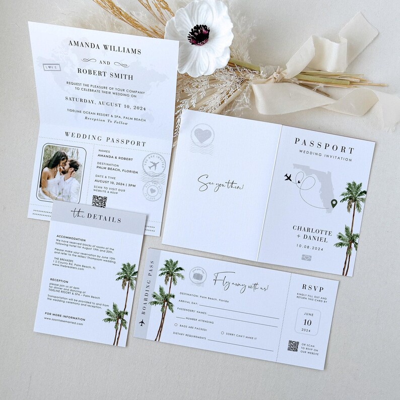 Destination Wedding Invitation Suite Template, Tropical Wedding Invitation Suite, Palm Tree Wedding Invitation, Beach Wedding Invitation Set image 3