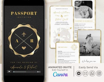 Black Passport Wedding Invitation Video Animated, Destination Wedding Invitation Digital, Digital Passport Invitation for Wedding Abroad