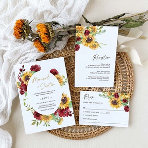 Invitación de boda con rosas rojas y girasoles y respuesta de respuesta, plantilla de conjunto de invitación de boda rústica, paquete de invitación de boda de otoño