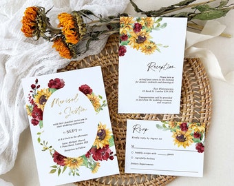 RUBY Red Roses and Sunflower Wedding Invitation and Rsvp, Rustic Wedding Invitation Suite Template, Fall Wedding Invitation Set Bundle