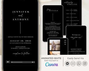 LAURA  Black Wedding Video Invitation Template Canva, Animated Wedding Invitation Video Template, Video Wedding Invitation Template Canva