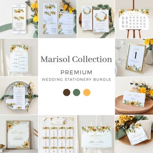 MARISOL Sunflower Wedding Invitation Bundle, Rustic Wedding Invitation Set, Wedding Template Bundle, Sunflower Wedding Sign Bundle Template