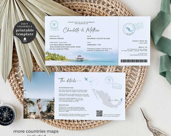 Mira Beach Wedding Invitation Template Download, Destination Wedding Boarding Pass Wedding Invitation, Tropical Wedding Invitation Template