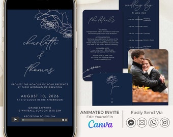 ROSA Blue Wedding Invitation Video Template, Floral Wedding Video Invitation Template, Video Wedding Invitation Modern, Animated Evite