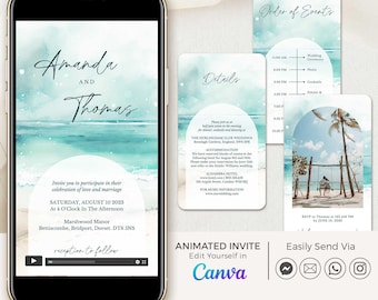 Coastal Wedding Invitation Template Video, Ocean Wedding Invitations Digital, Destination Beach Wedding Invite Video, Waves Wedding Invites