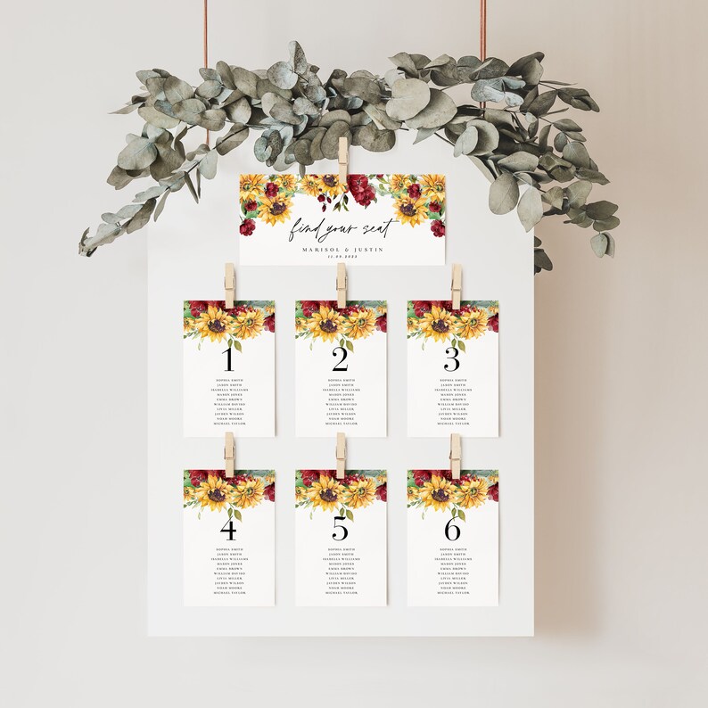 Seat Map Ruby RUBY Rustic Seating Chart Wedding Template, Sunflower Seating Chart ...