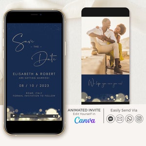 Navy Save the Date Video Invitation, Video Save the Date Blue and Gold, Elegant Save the Date Animated, Digital Save the Date Winter Wedding
