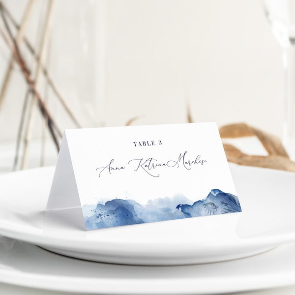 YLENIA Beach Theme Place Card Template, Beach Wedding Place Cards with Meal Choice, Navy Blue Nautical Place Cards with Meal Icons