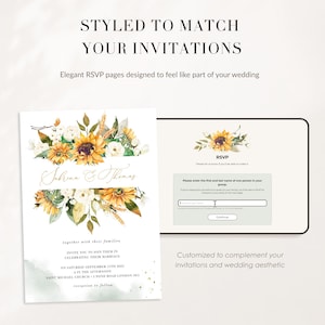 May include: A wedding invitation card and a digital RSVP form featuring a watercolor sunflower and white floral design. The text reads STYLED TO MATCH YOUR INVITATIONS, Elegant RSVP pages designed to feel like part of your wedding, Sabrina & Thomas, and RSVP.