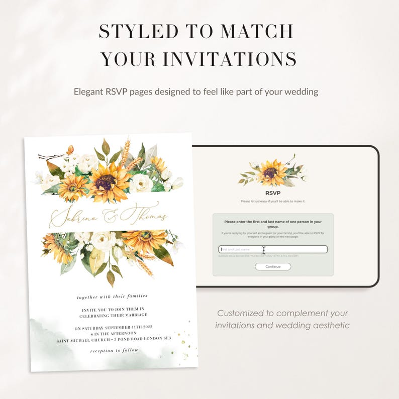 May include: A wedding invitation card and a digital RSVP form featuring a watercolor sunflower and white floral design. The text reads STYLED TO MATCH YOUR INVITATIONS, Elegant RSVP pages designed to feel like part of your wedding, Sabrina & Thomas, and RSVP.