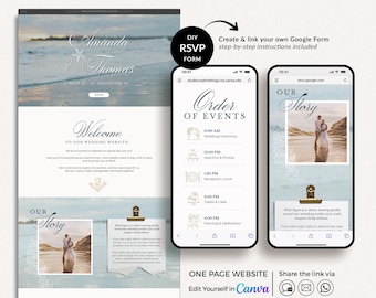 Beach Wedding Website Template Canva, Coastal Wedding Website with Rsvp, Destination Wedding Website Invitation Template