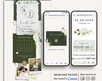 Sage Green Digital Save the Date Website Template, Envelope Wedding Website Canva Save the Date, Online Save the Date Green with Calendar