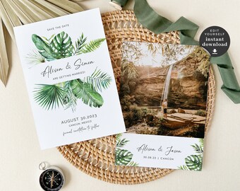 Monstera Save the Date Template, Tropical Wedding Save the Date Printable, Destination Wedding Save the Date, Save the Date Beach Wedding