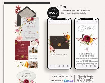 Burgundy Wedding Website Template with Rsvp, Romantic Wedding Website Canva Template, Floral Wedding Invitation Website with Rsvp Tracking