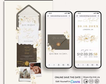 Elegant Ivory Save the Date Website Canva, Luxury Champagne Save the Date Wedding Website Template, Classic Digital Save the Date Envelope