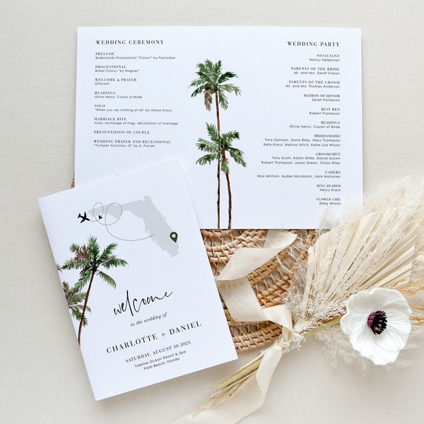 Tropical Wedding Program Template, Destination Wedding Program Template Bifold, Palm Tree Wedding Program Booklet, Order of Service Wedding