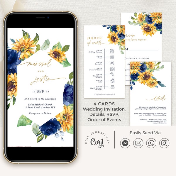 IVY Rustic Wedding Invitation Download, Wedding Invitations Sunflower and Blue Roses, Blue and Yellow Wedding Invitation Template with Rsvp
