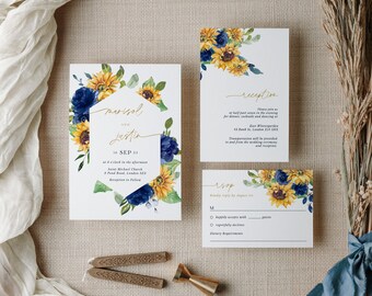 IVY Sunflowers and Blue Roses Wedding Invitation Set Template, Rustic Wedding Invitation with Rsvp, Floral Wedding Invitation Suite Download