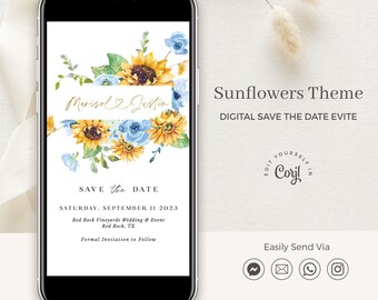 IVY Blue Save the Date Sunflower, Floral Save the Date Cards, Rustic Wedding Save the Date Electronic Template, Whimsical Save the Date Navy