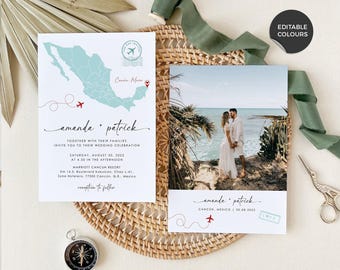 Mexico Wedding Invitation Template With Photo, Destination Wedding Invitation Mexico, Cancun Wedding Invitation, Map Wedding Invitations