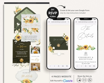 Rustic Wedding Website Template Canva with Sunflowers, Floral Garden Wedding Website Canva Template, Summer Wedding Website Invite with Rsvp