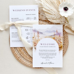 ARNA Mountain Wedding Weekend Itinerary Template, Floral Wedding Timeline Template Download, Wedding Welcome Card, Welcome Letter Template