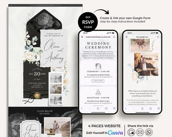 ELLA Moderne Hochzeitswebsite Einladung Vorlage mit Umschlag, Schwarz-Weiß Hochzeitswebsite Canva, Blumenhochzeitswebsite Canva mit Rsvp