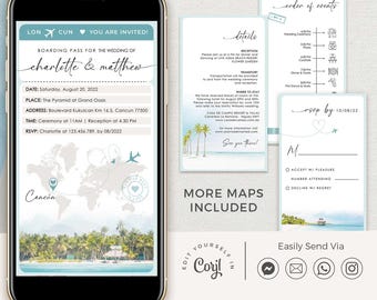 Mira Beach Wedding Invitation Bundle Template, Boarding Pass Wedding Invitation digital, Tropical Wedding Invitation Sets, Hawaii Wedding