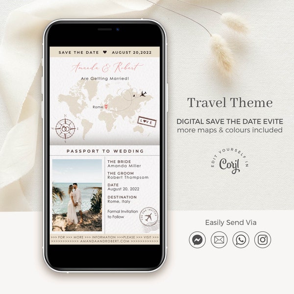 Sofia | Save The Dates Destination Wedding Evite, Evite Save The Date with Map, Passport Invitation Digital, Save The Date Digital