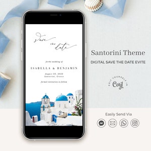 SANTORINI Santorini Save the Date Template Elettronico, Destination Wedding Save the Date Digitale, Greek Save the Date Wedding Template Spiaggia