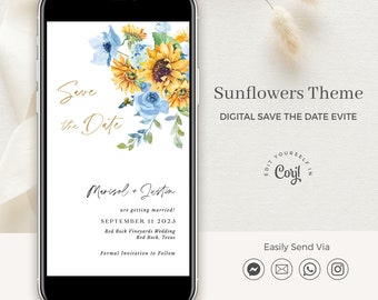 IVY Rustic Wedding Save the Date Evite, Dusty Blue Save the Date Sunflower, Spring Save the Date Digital, Floral Save the Date Template
