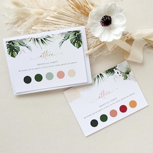 Plantilla de tarjeta de vestimenta de boda tropical PALMA, plantilla de código de vestimenta para invitados de boda en la playa, plantilla de tarjeta de inserción de invitación de boda con código de vestimenta