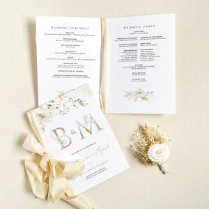 Dora | floral wedding programs, Gold wedding stationery, Ivory wedding program template, ceremony program, order of service
