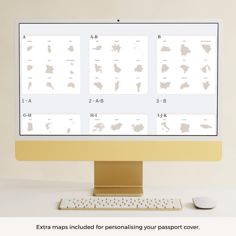 May include: A computer monitor displays a series of beige-colored map outlines, grouped in rectangular sections labeled with letters and numbers. A white keyboard and mouse sit below the monitor. The text at the bottom reads: Extra maps included for personalizing your passport cover.