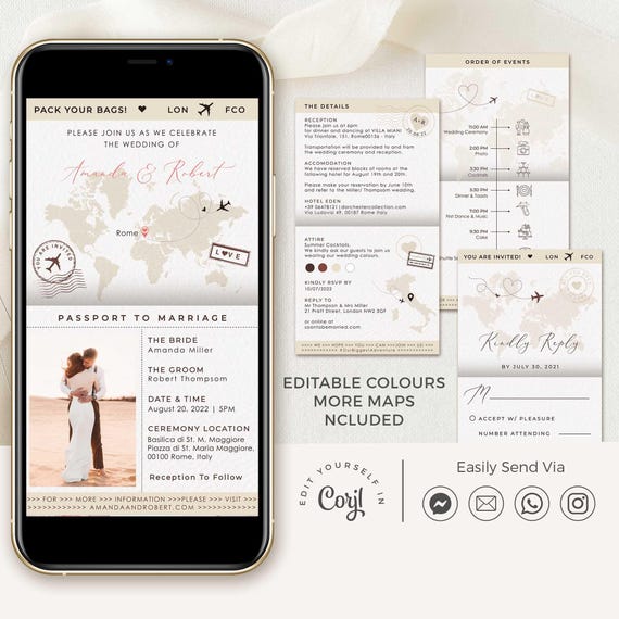 Sofia | Passport Wedding Invitation Digital, Electronic Invitations, Destination Wedding Invitation With Rsvp, Evite Wedding Invitation