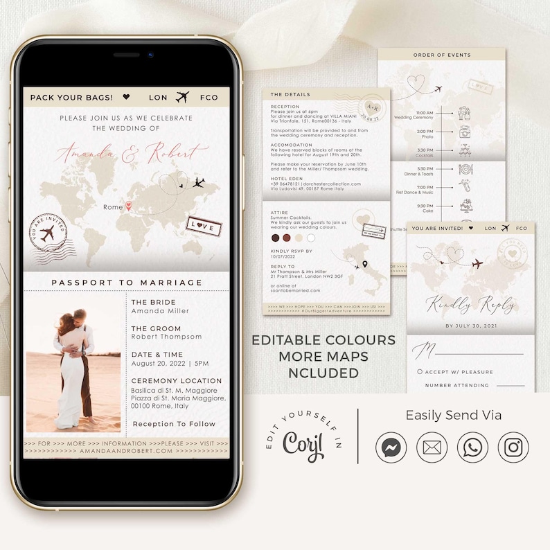 Sofia | Passport Wedding Invitation Digital, Electronic Invitations, Destination Wedding Invitation With Rsvp, Evite Wedding Invitation image 1