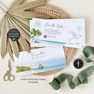Mira Beach Wedding Save The Date Template, Save The Date Boarding Pass, Tropical Save The Date Template, palm tree save the date Mexico