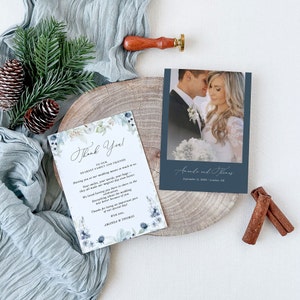 BIANCA Dusty Blue Thank You Card Template with Picture, Thank You Card for Wedding Winter, Printable Thank You Card with Photo