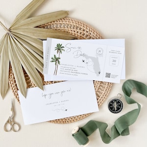 Boarding Pass Save the Date Tropical Wedding, Palm Tree Save the Date, Destination Wedding Save the Date, Boarding Pass Template Wedding