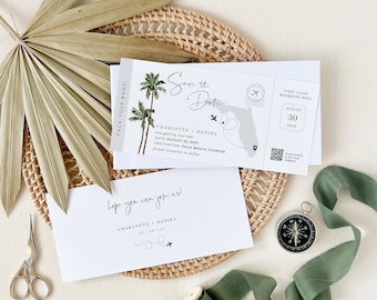 Boarding Pass Save the Date Tropical Wedding, Palm Tree Save the Date, Destination Wedding Save the Date, Boarding Pass Template Wedding