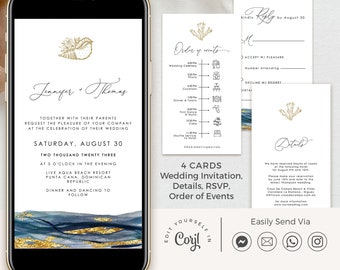 NOA Nautical Wedding Invitation Sets Blue, Beach Wedding Invitation Digital Download, Coastal Wedding Invites with Rsvp and Details