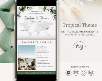 Passport Save the Date, Electronic Save the Date Destination, Save the Date Tropical, Beach Save the Date Template, Palm Tree Save the Date
