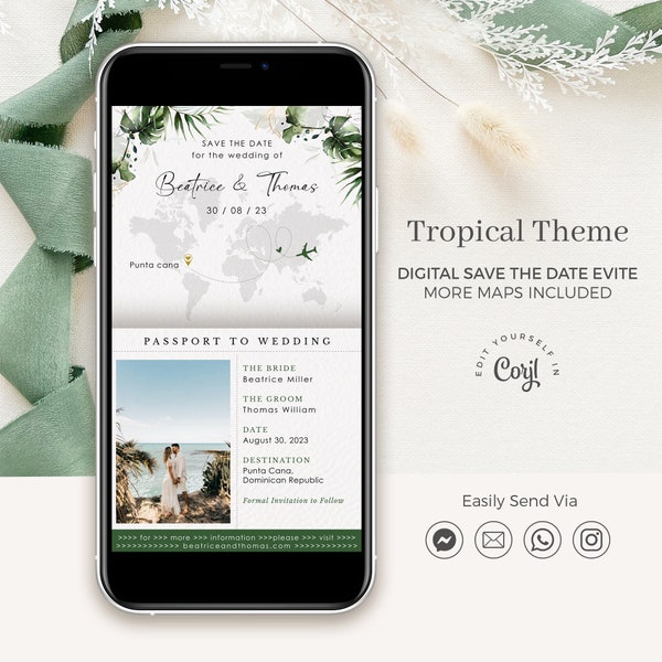 Passport Save the Date, Electronic Save the Date Destination, Save the Date Tropical, Beach Save the Date Template, Palm Tree Save the Date