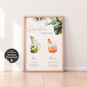 Tropical Signature Drink Sign, Wedding Signature Drink Sign Template, Signature Cocktail Template, His and Hers Cocktail, Tropical Sign