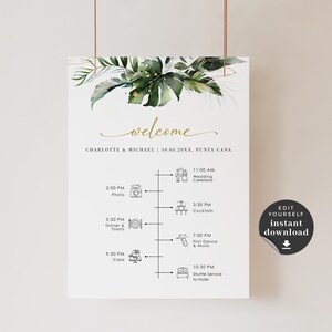 Wedding Sign with Timeline, Monstera Wedding Timeline Sign, Wedding Order of Events Sign, Editable Wedding Signage, Wedding Sign Editable