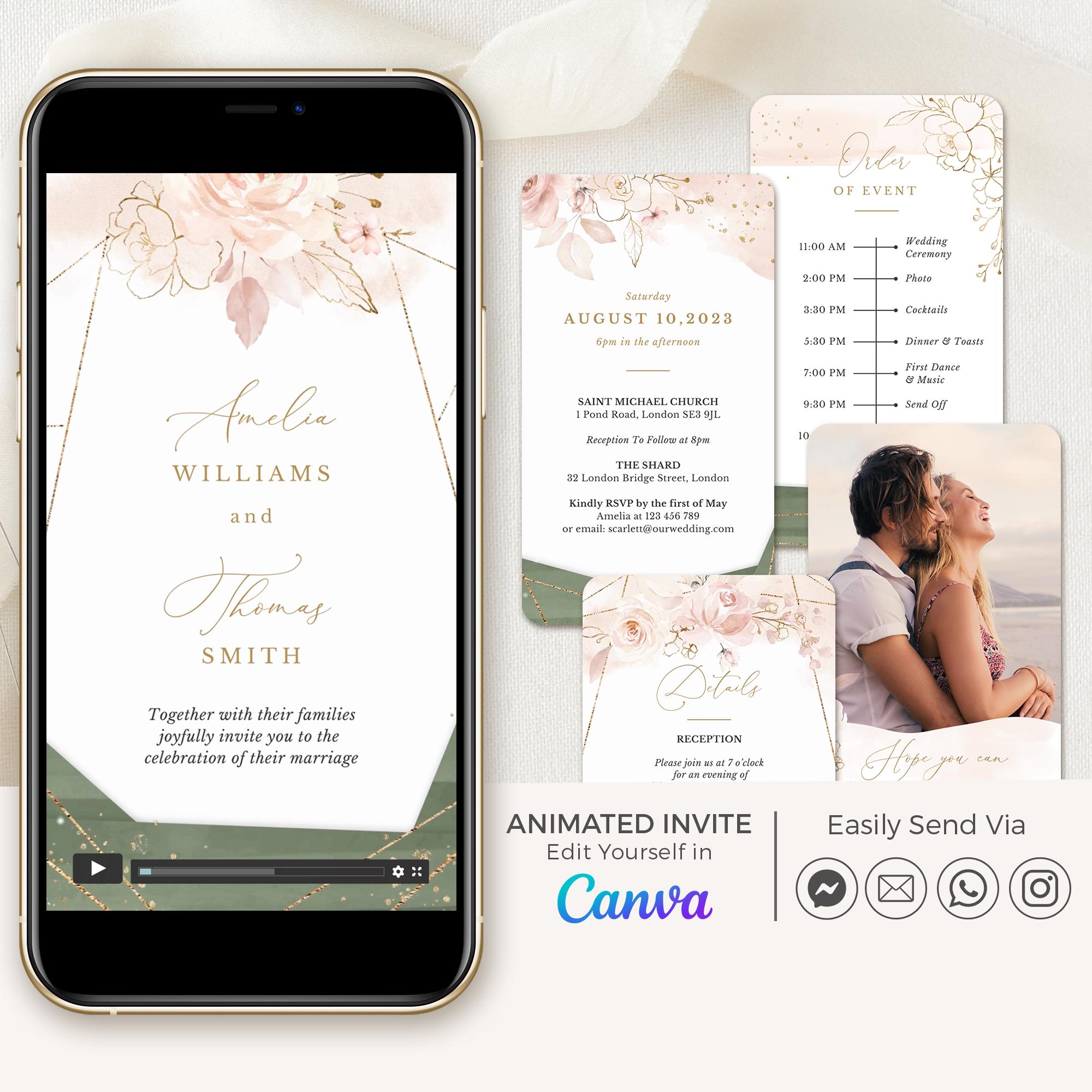 Sage Green and Blush Wedding Invitation Video Template, Video Wedding Invitation Floral, Wedding Animated Invitation Digital, Elegant Invite