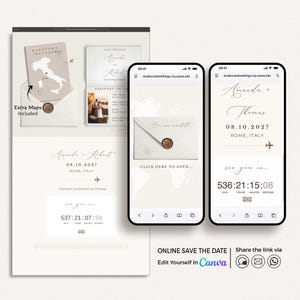 May include: Digital wedding invitation design featuring a passport-style save-the-date card, an invitation, and a countdown timer on a smartphone. The design includes the names "Amanda + Robert" and the date "08.10.2027" with a map of Italy.